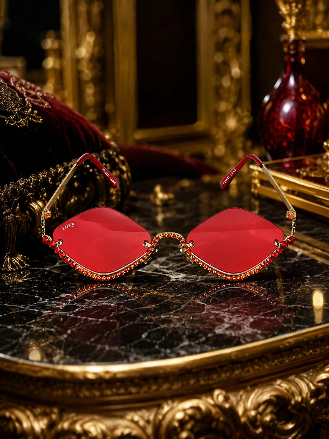 Celebrity Red Gold-Toned Metal Rimless UV Protected  Diamond Wave Sunglasses For Women CL160RD