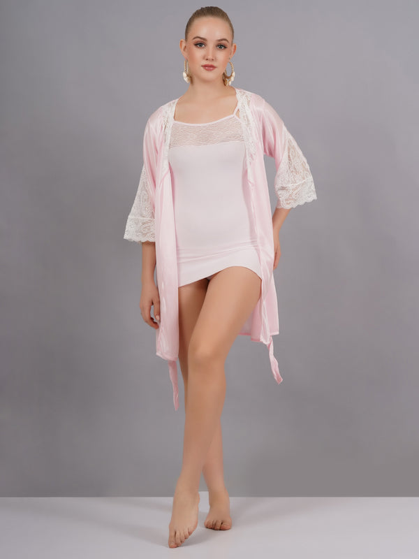 Fleurt Pink forbe Lycra+satin Babydoll with Robe Dress for Women BD-1010-PK & BD-0121-PK