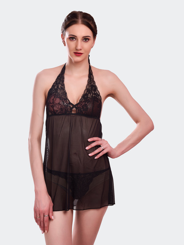 Fleurt Black Power Net Honey Moon Dress Dress for Women HOBF-BD-99-BK