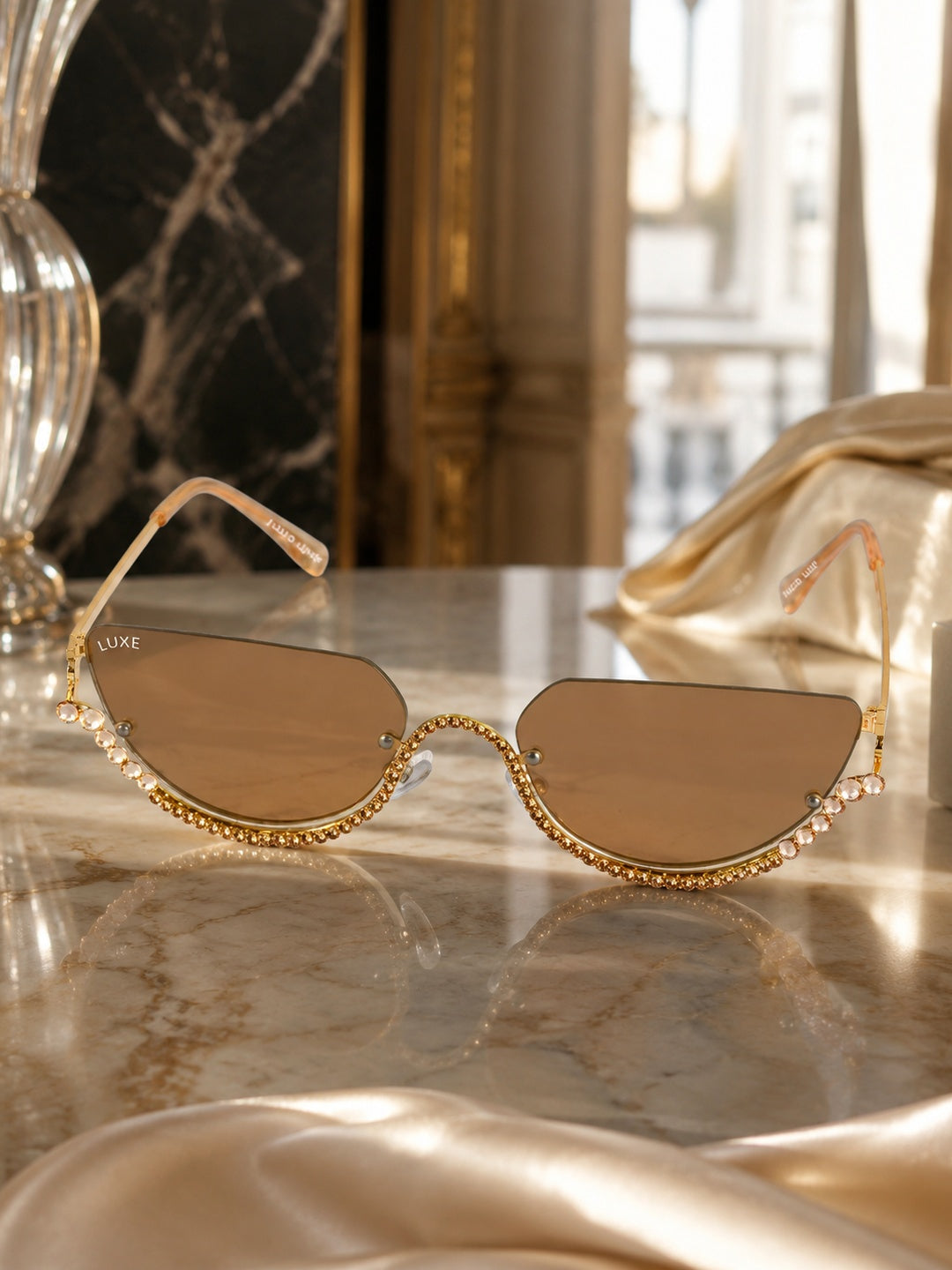 Celebrity Brown Gold-Toned Metal Rimless UV Protected  Crystal Curve Sunglasses For Women CL164BR
