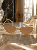 Celebrity Brown Gold-Toned Metal Rimless UV Protected  Crystal Curve Sunglasses For Women CL164BR