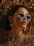 Celebrity Black Gold-Toned Metal Rimless UV Protected  Heart Crystal Sunglasses For Women CL101BK
