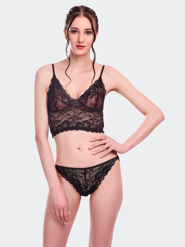 Fleurt Black Lycra Lace Lingerie Set - One Size (Free Size) For Women Fleurt-Set-170-NEW-BK