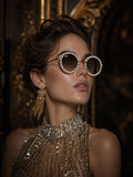 Celebrity Brown Gold-Toned Metal Rimless UV Protected  Pearl Round Sunglasses For Women CL138BR