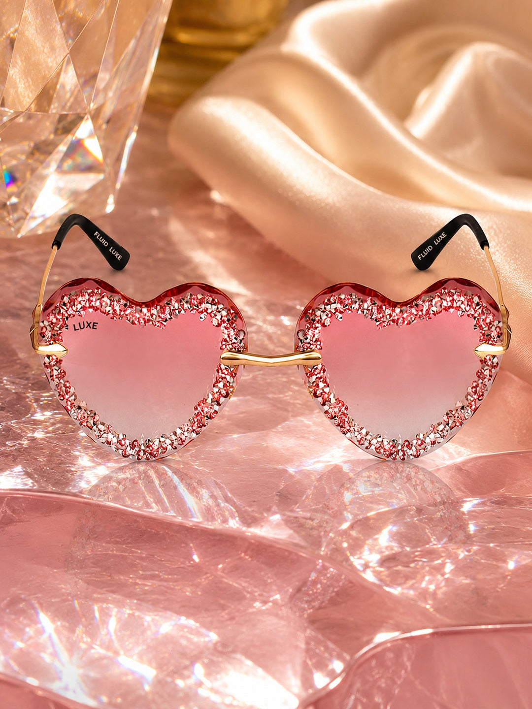 Celebrity Pink Gold-Toned Metal Rimless UV Protected  Heart Crystal Sunglasses For Women CL104PK