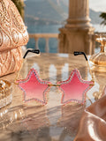 Celebrity Pink Gold-Toned Metal Rimless UV Protected  Star Crystal Sunglasses For Women CL130PK