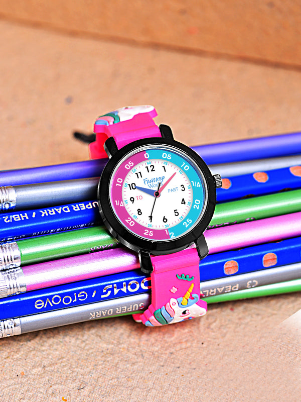 Fantasy World Pink 3D Print Rubber Strap Time Teacher Analog Watch Boys & Girls FW-25-BK-08