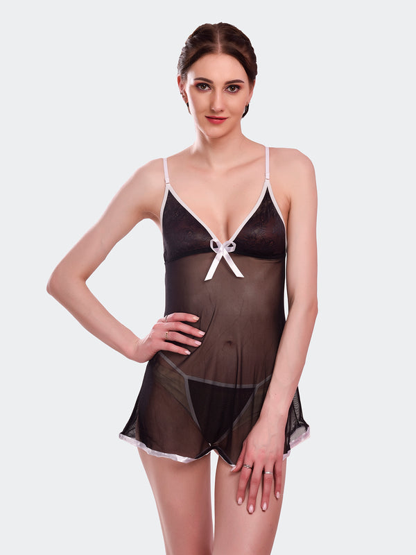 Fleurt Black Spendex Net Baby Doll Dress for Women HOBF-BD-155-BK