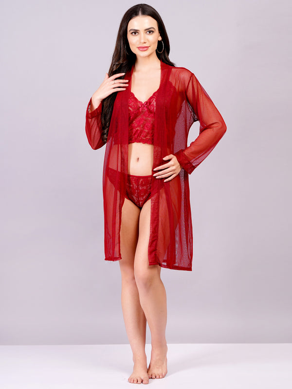 Fleurt Maroon Power Net+Lycra Net Babydoll with Robe Dress for Women HOBF-BD-170GN-MR