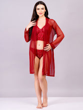 Fleurt Maroon Power Net+Lycra Net Babydoll with Robe Dress for Women HOBF-BD-170GN-MR