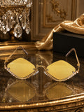Celebrity Yellow Gold-Toned Metal Rimless UV Protected  Diamond Wave Sunglasses For Women CL162YL