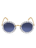 Celebrity Black Gold-Toned Metal Rimless UV Protected  Pearl Round Sunglasses For Women CL137BK