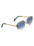 Celebrity Blue Gold-Toned Metal Rimless UV Protected  Crystal-Embellished Geometric Sunglasses For Women CL134BL