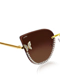 Celebrity Brown Gold-Toned Metal Rimless UV Protected  Butterfly Crystal Sunglasses For Women CL147BR