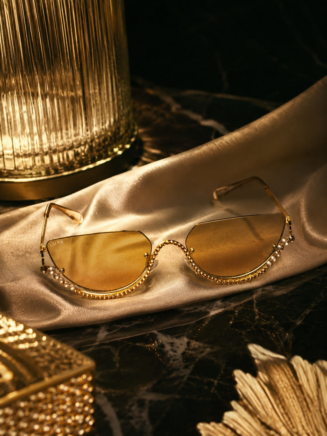 Celebrity Yellow Gold-Toned Metal Rimless UV Protected  Crystal Curve Sunglasses For Women CL168TP