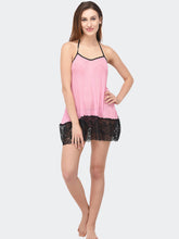 Fleurt Black-Pink Satin Baby Doll Dress for Women HOBF-0147-BKPK