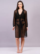 Fleurt Black Power Net+satin Babydoll with Robe Dress for Women BD-1010-BK & Set-170-BK
