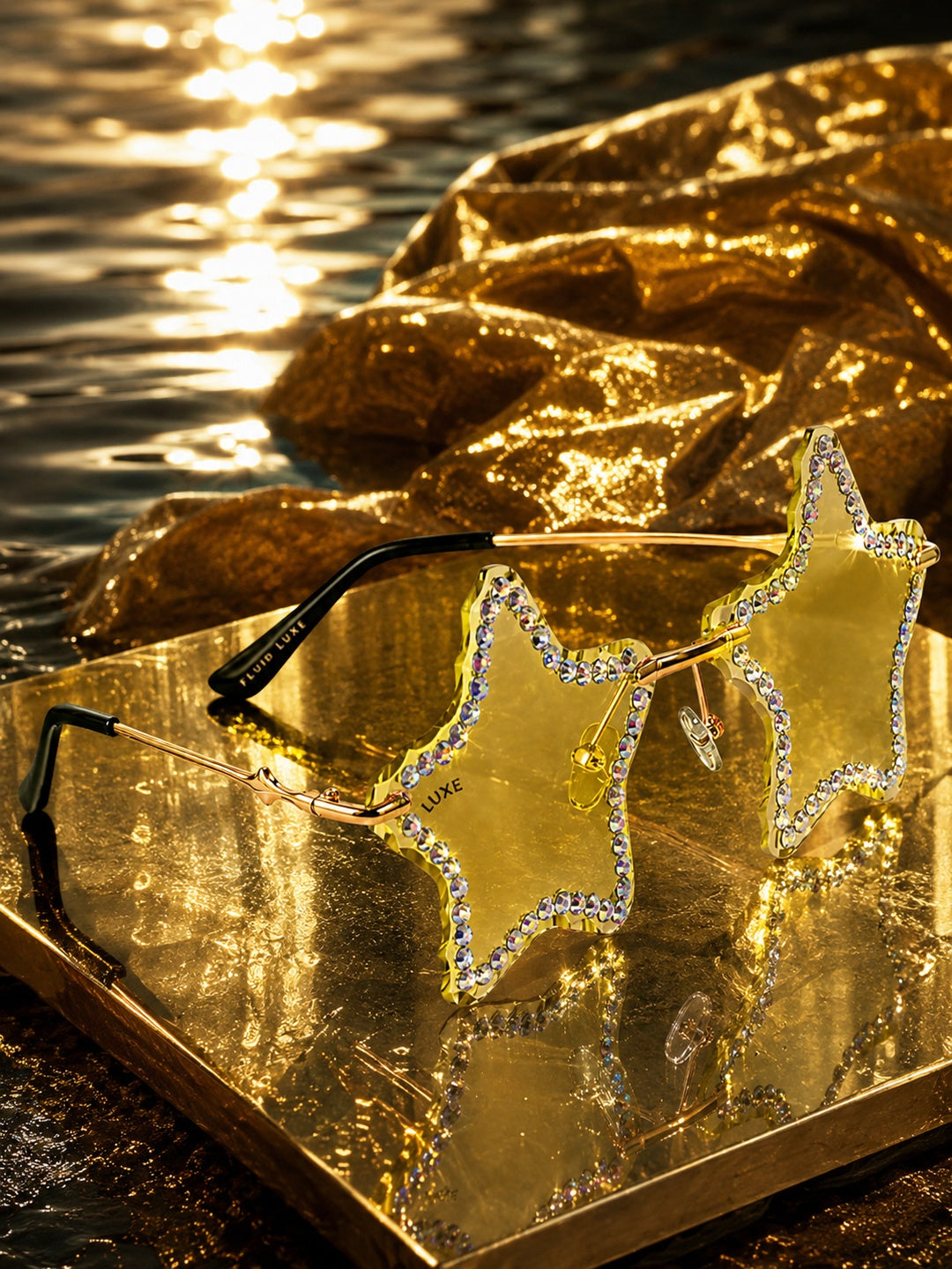 Celebrity Yellow Gold-Toned Metal Rimless UV Protected  Star Crystal Sunglasses For Women CL132YL