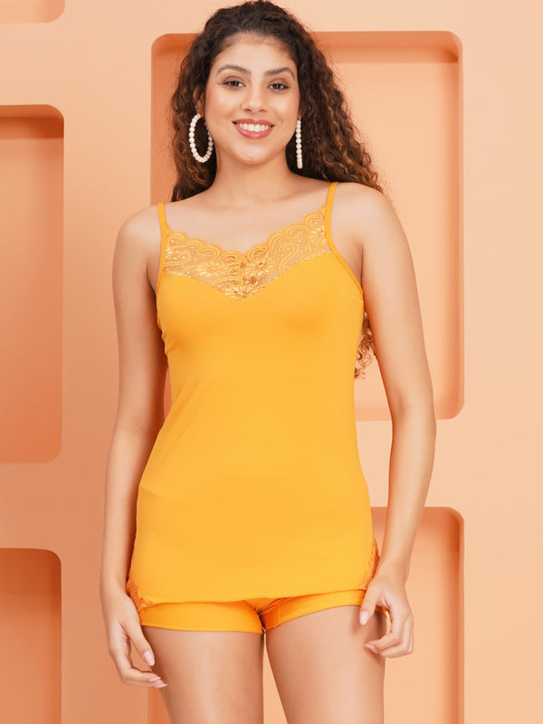 Fleurt Yellow Forbe Lycra Babydoll with Robe Dress for Women Fleurt25-BD-SHRUG-YL