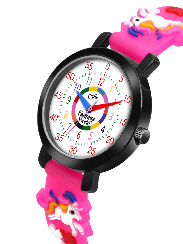 Fantasy World Pink 3D Print Rubber Strap Time Teacher Analog Watch Boys & Girls FW-25-BK-06