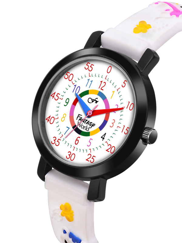 Fantasy World White 3D Print Rubber Strap Time Teacher Analog Watch Boys & Girls FW-25-BK-04
