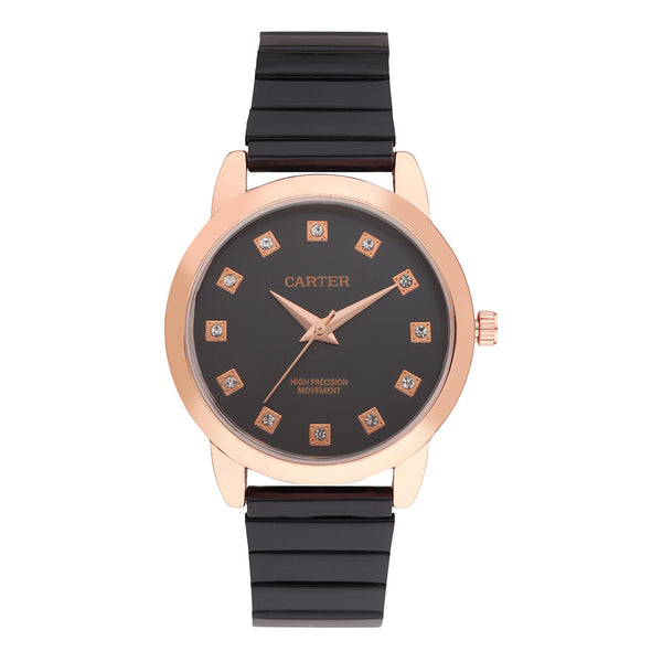 Sandy D Carter Metal Rose Gold Analogue Round Watches for Women_SDC24-60-RG-BK