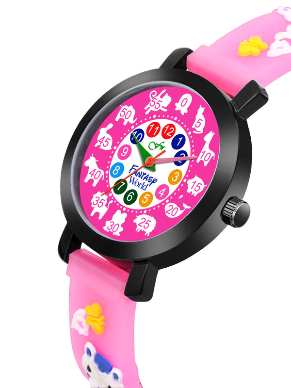 Fantasy World Pink 3D Print Rubber Strap Time Teacher Analog Watch Boys & Girls FW-25-BK-11