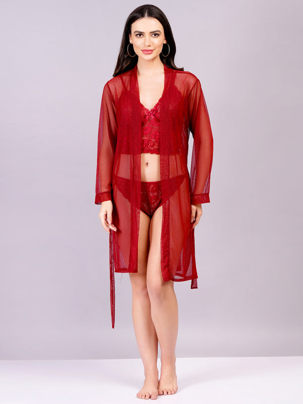 Fleurt Maroon Power Net+Lycra Net Babydoll with Robe Dress for Women HOBF-BD-170GN-MR