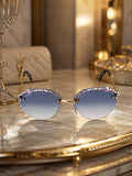 Celebrity Blue Gold-Toned Metal Rimless UV Protected  Crystal-Embellished Geometric Sunglasses For Women CL134BL