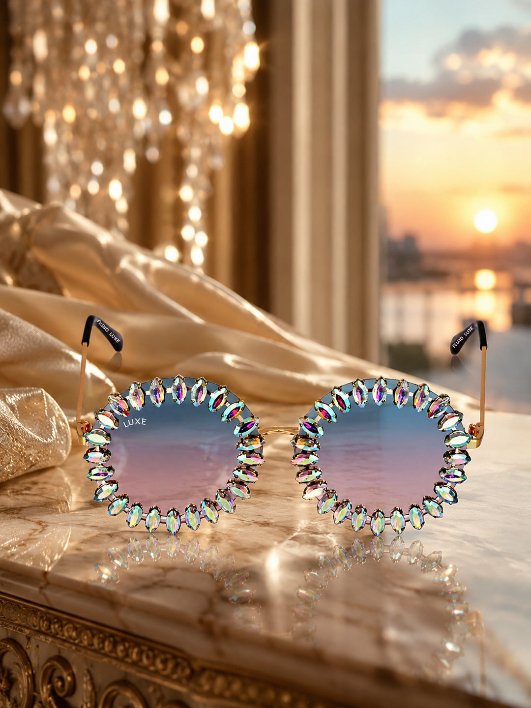 Celebrity Pink Gold-Toned Metal Rimless UV Protected  Crystal Round Sunglasses For Women CL152PK