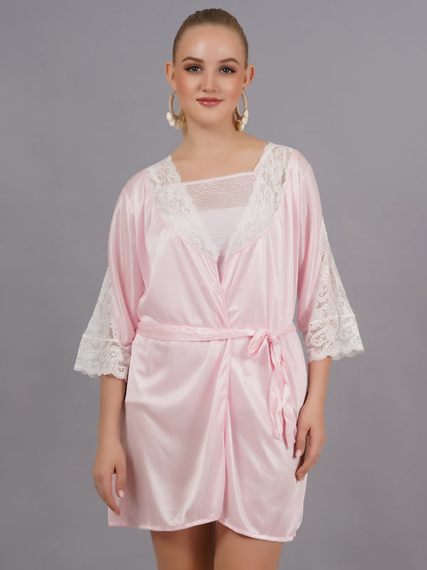 Fleurt Pink forbe Lycra+satin Babydoll with Robe Dress for Women BD-1010-PK & BD-0121-PK