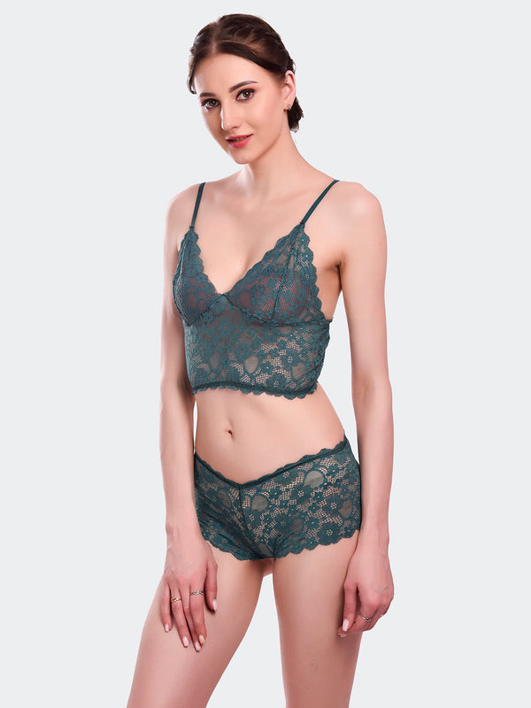Fleurt Green Lycra Lace Lingerie Set - One Size (Free Size) For Women Fleurt-Set-170-GR