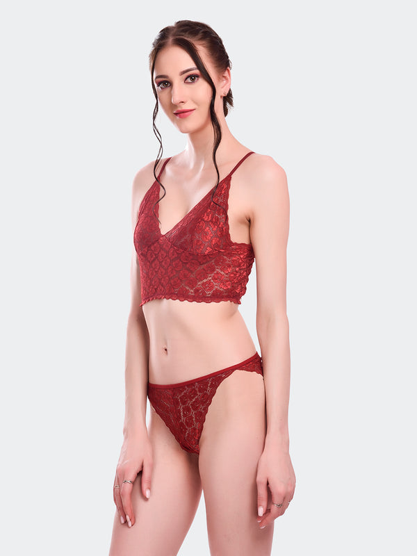 Fleurt Maroon Lycra Lace Lingerie Set - One Size (Free Size) For Women Fleurt-Set-170-NEW-MR