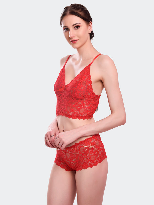 Fleurt Red Lycra Lace Lingerie Set - One Size (Free Size) For Women Fleurt-Set-170-RD