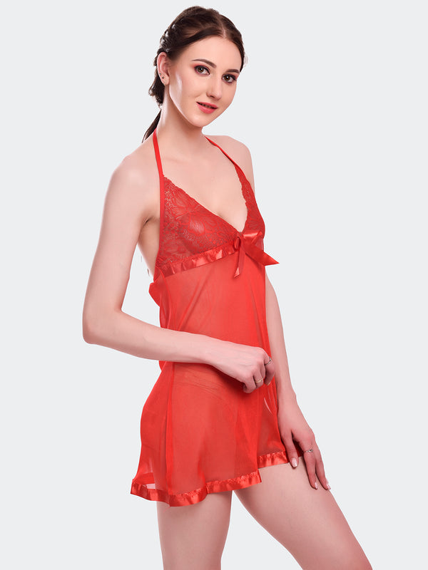 Fleurt Red Spendex Net Baby Doll Dress for Women HOBF-BD-142-RD
