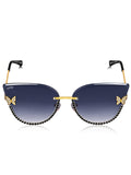 Celebrity Blue Gold-Toned Metal Rimless UV Protected  Butterfly Crystal Sunglasses For Women CL146BL