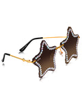 Celebrity Brown Gold-Toned Metal Rimless UV Protected  Star Crystal Sunglasses For Women CL129BR