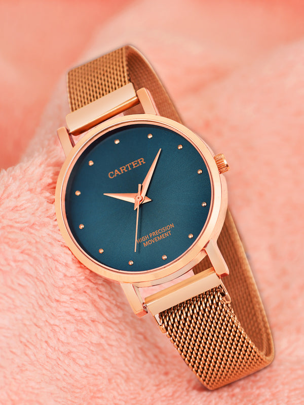 Sandy D Carter Metal Rose Gold Analogue Round Watches for Women_SDC24-77-RG-BL