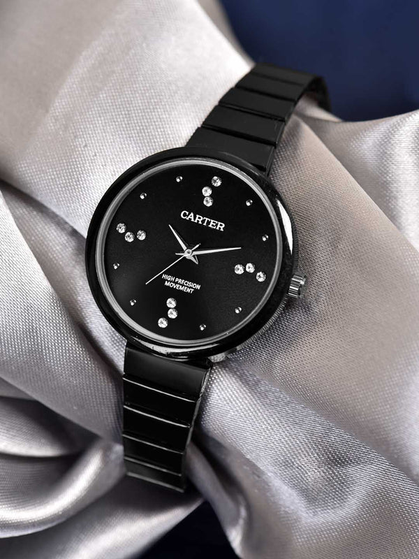 Sandy D Carter Metal Black Analogue Round Watches for Women_SDC24-62-BK