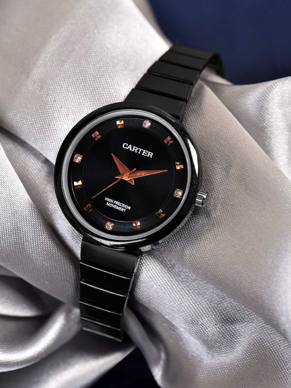 Sandy D Carter Metal Black Analogue Round Watches for Women_SDC24-68-BK