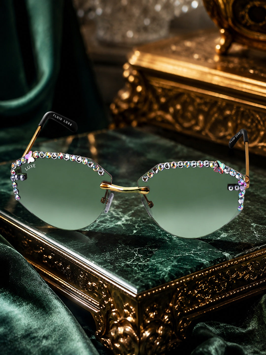 Celebrity Green Gold-Toned Metal Rimless UV Protected  Crystal-Embellished Geometric Sunglasses For Women CL136GR