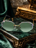 Celebrity Green Gold-Toned Metal Rimless UV Protected  Crystal-Embellished Geometric Sunglasses For Women CL136GR