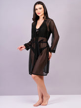 Fleurt Black Power Net+Lycra Net Babydoll with Robe Dress for Women HOBF-BD-170GN-BK