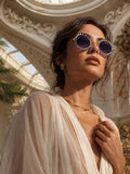 Celebrity Black Gold-Toned Metal Rimless UV Protected  Crystal Round Sunglasses For Women CL149BK1
