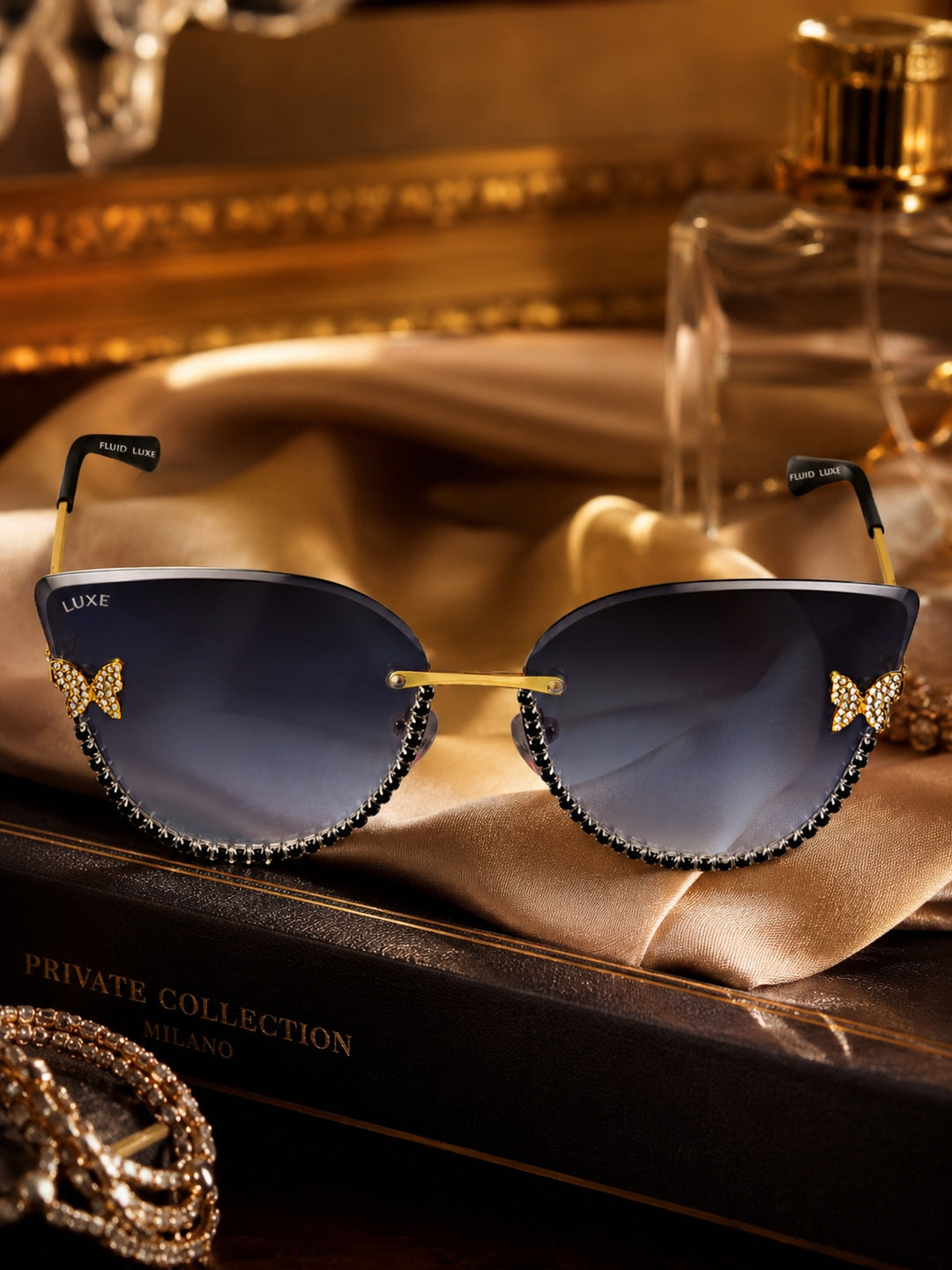 Celebrity Blue Gold-Toned Metal Rimless UV Protected  Butterfly Crystal Sunglasses For Women CL146BL