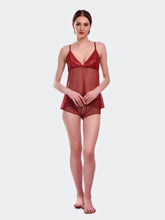 Fleurt Maroon Power Net Premium Baby Doll Dress for Women HOBF-1028-MR