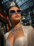 Celebrity Black Gold-Toned Metal Rimless UV Protected  Crystal-Embellished Geometric Sunglasses For Women CL133BK