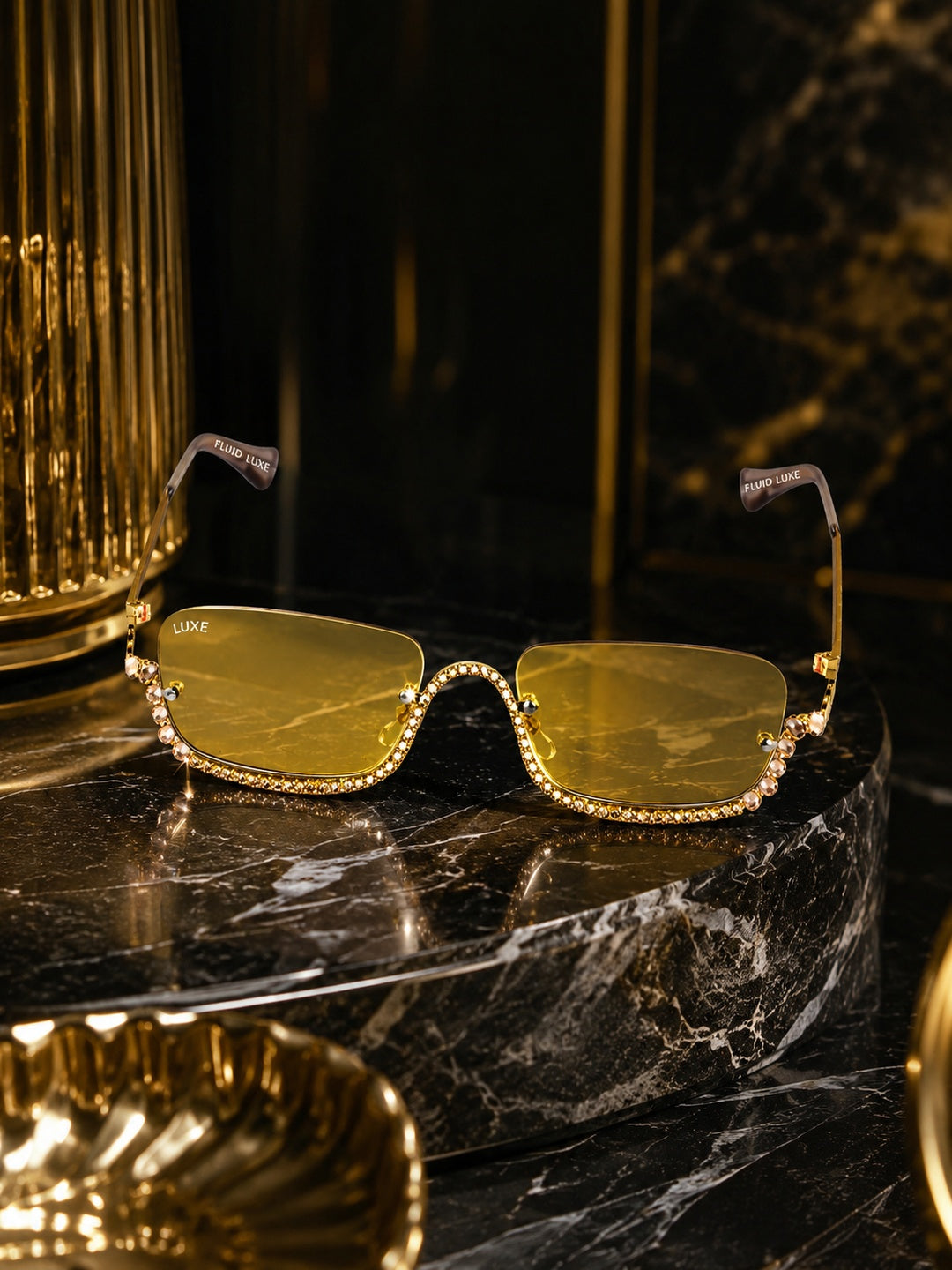 Celebrity Yellow Gold-Toned Metal Rimless UV Protected  Crystal Frame Sunglasses For Women CL173YL