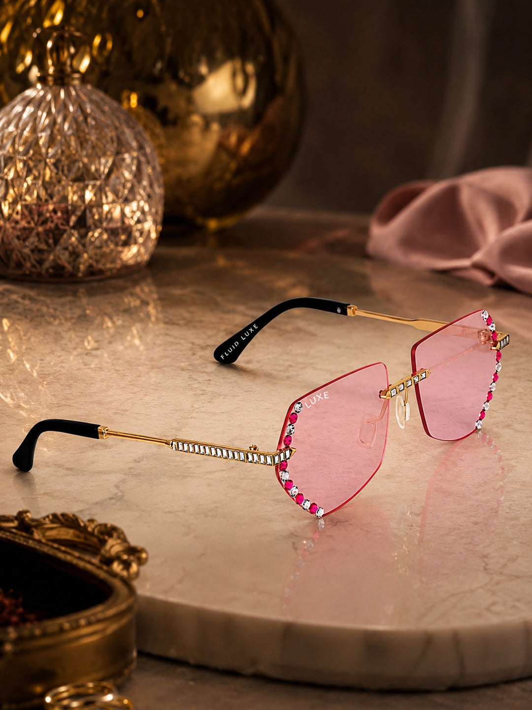 Celebrity Pink Gold-Toned Metal Rimless UV Protected  Luxe Rim Sunglasses For Women CL109PK