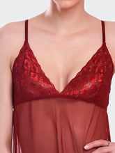 Fleurt Maroon Power Net Premium Baby Doll Dress for Women HOBF-1028-MR